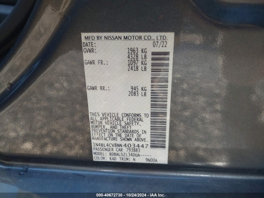 VIN 1N4BL4CV8NN403447 2022 NISSAN ALTIMA SR FWD