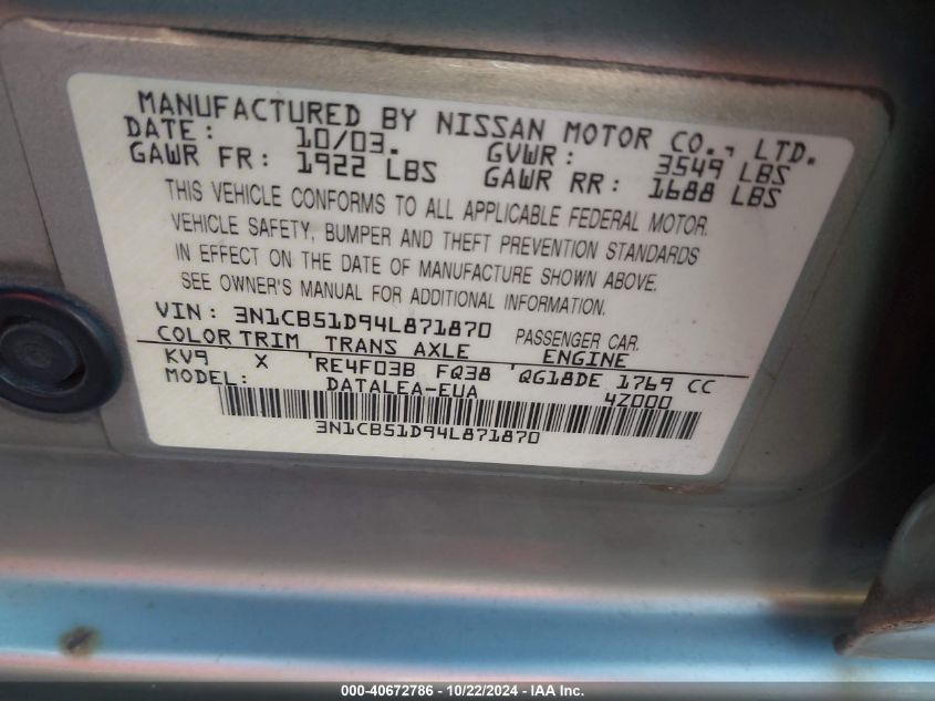 2004 Nissan Sentra 1.8S VIN: 3N1CB51D94L871870 Lot: 40672786