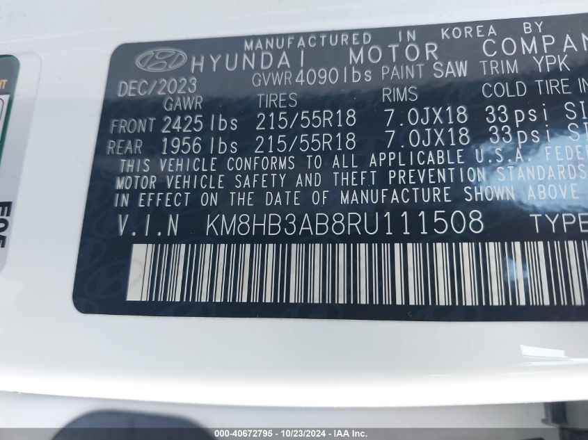 2024 Hyundai Kona Sel VIN: KM8HB3AB8RU111508 Lot: 40672795