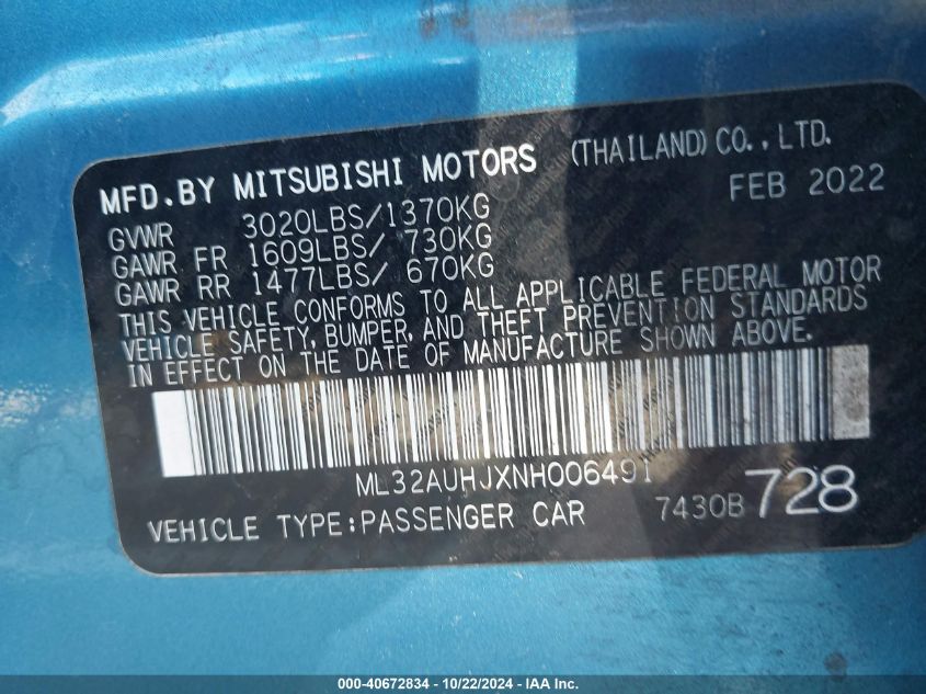 2022 Mitsubishi Mirage Es/Le VIN: ML32AUHJXNH006491 Lot: 40672834