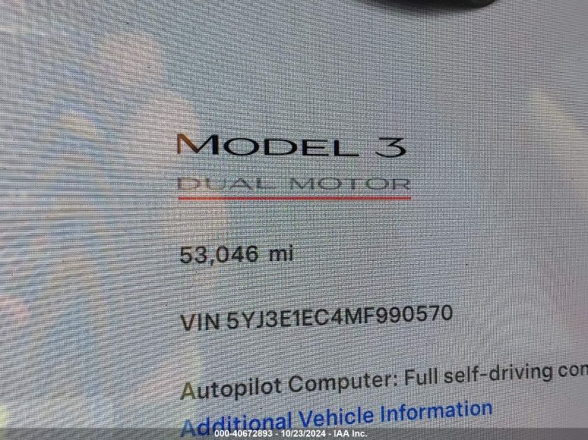 2021 Tesla Model 3 Performance Dual Motor All-Wheel Drive VIN: 5YJ3E1EC4MF990570 Lot: 40672893