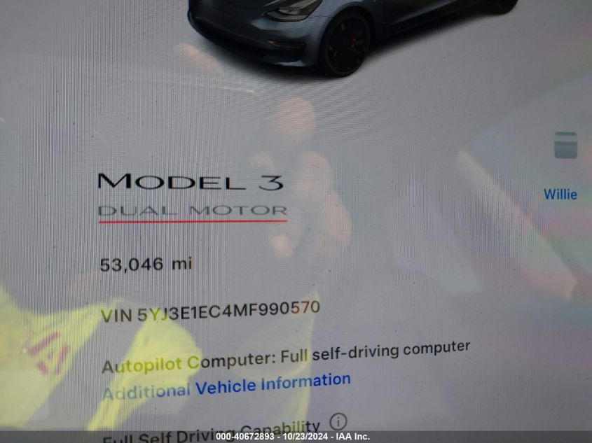 2021 Tesla Model 3 Performance Dual Motor All-Wheel Drive VIN: 5YJ3E1EC4MF990570 Lot: 40672893