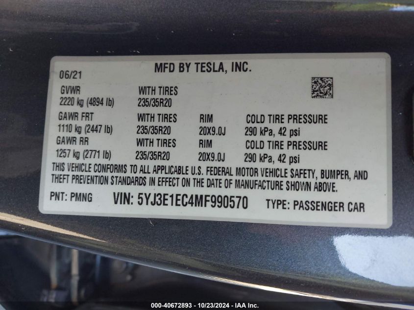 2021 Tesla Model 3 Performance Dual Motor All-Wheel Drive VIN: 5YJ3E1EC4MF990570 Lot: 40672893