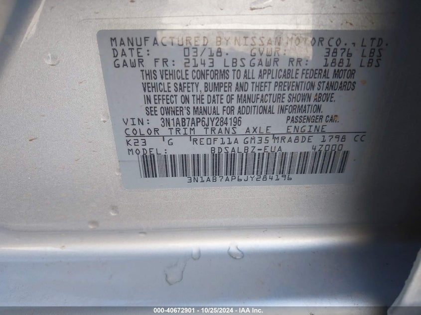 2018 Nissan Sentra S VIN: 3N1AB7AP6JY284196 Lot: 40672901
