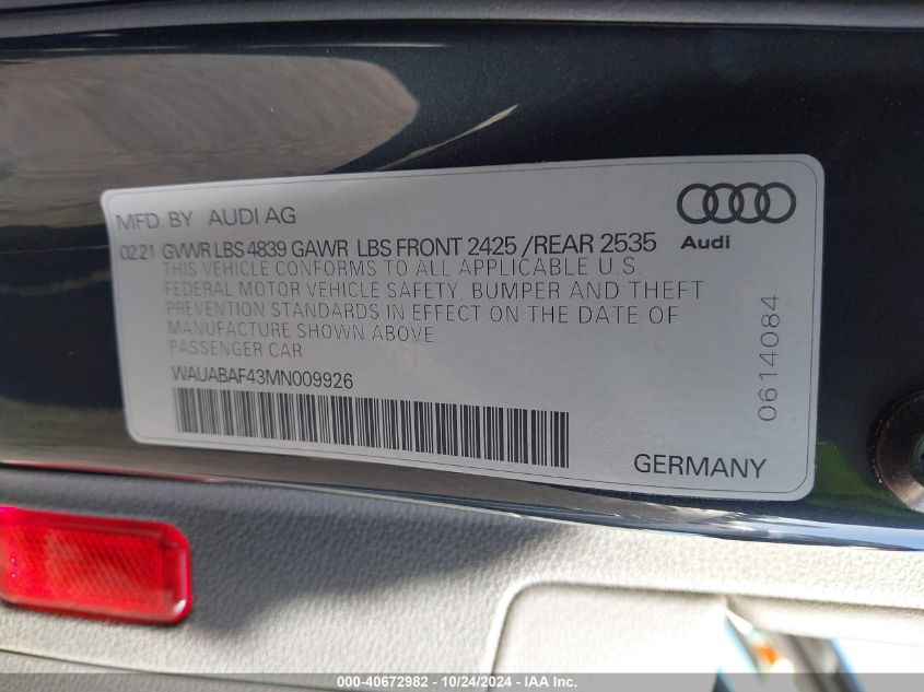 2021 Audi A4 Premium 40 VIN: WAUABAF43MN009926 Lot: 40672982