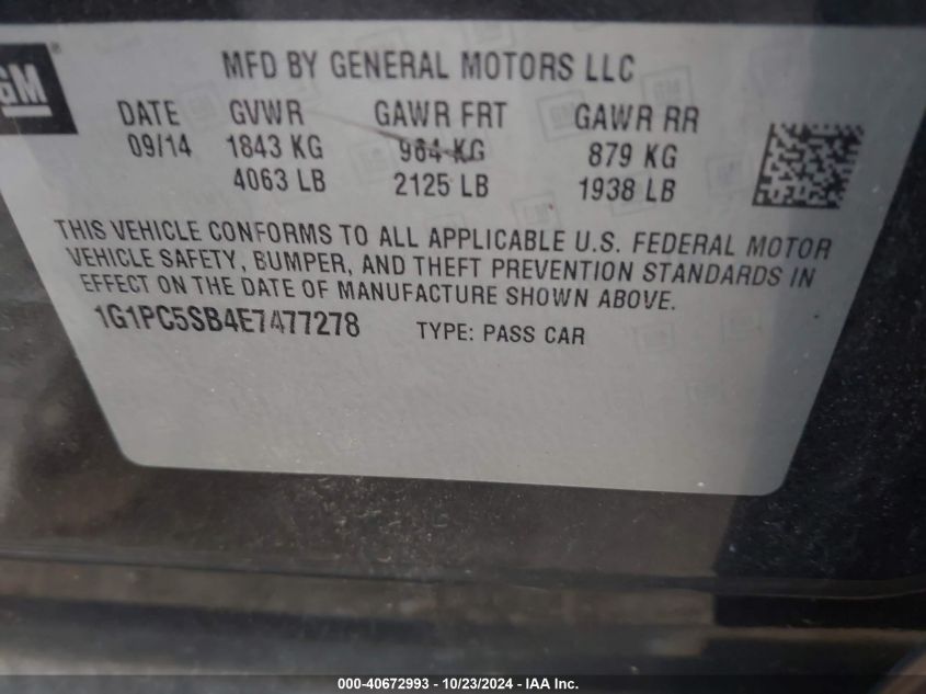 2014 Chevrolet Cruze 1Lt Auto VIN: 1G1PC5SB4E7477278 Lot: 40672993