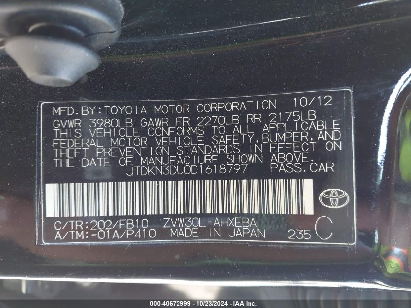 2013 Toyota Prius Three VIN: JTDKN3DU0D1618797 Lot: 40672999