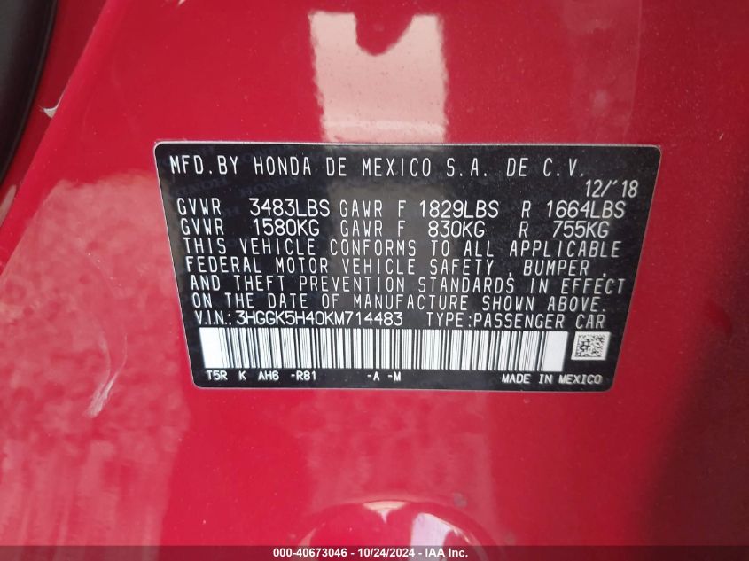 2019 Honda Fit Lx VIN: 3HGGK5H40KM714483 Lot: 40673046