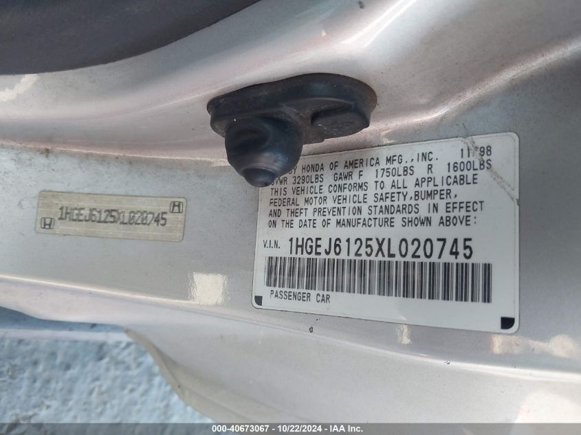 1999 Honda Civic Dx VIN: 1HGEJ6125XL020745 Lot: 40673067