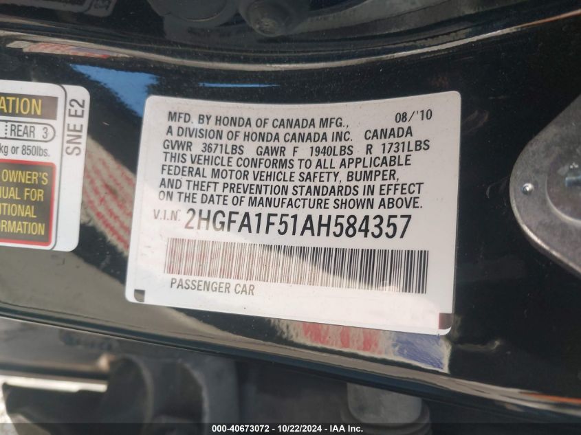 2010 Honda Civic Lx VIN: 2HGFA1F51AH584357 Lot: 40673072