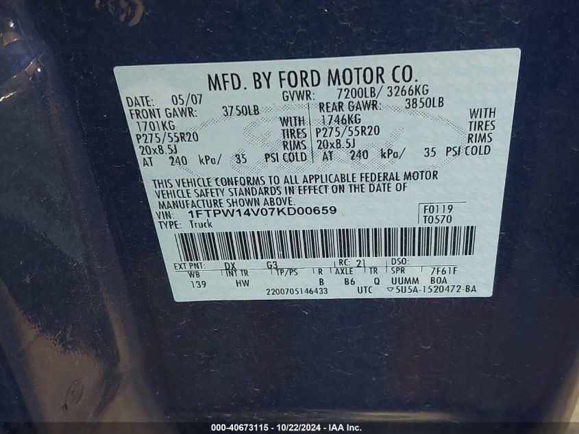2007 Ford F-150 Fx4/Lariat/Xlt VIN: 1FTPW14V07KD00659 Lot: 40673115