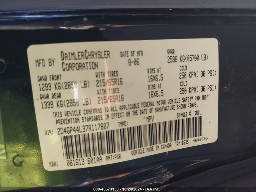 2007 Dodge Grand Caravan Sxt VIN: 2D4GP44L37R117807 Lot: 40673130