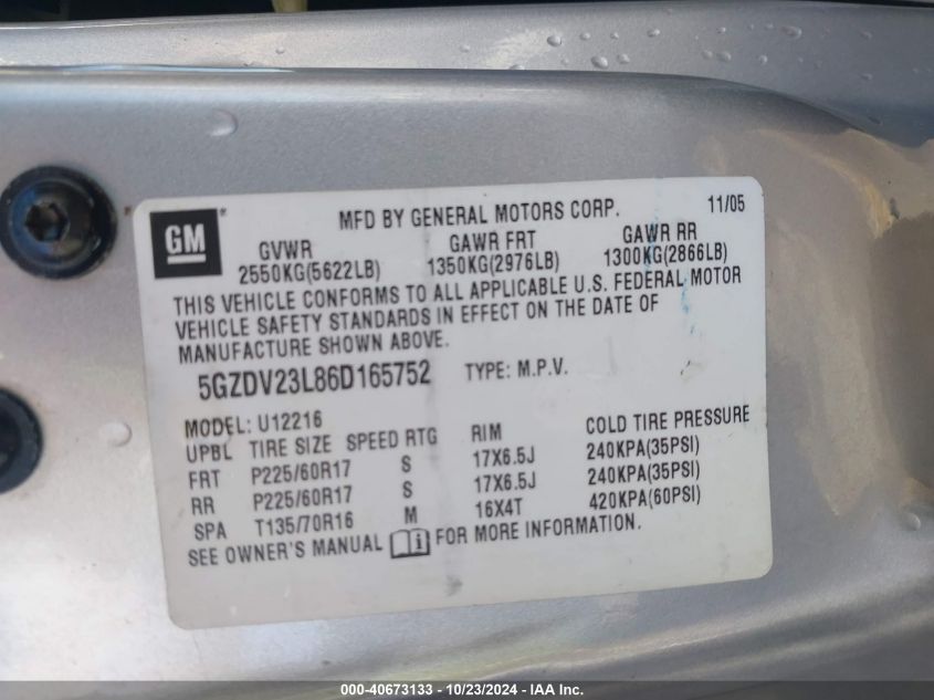 2006 Saturn Relay 3 VIN: 5GZDV23L86D165752 Lot: 40673133