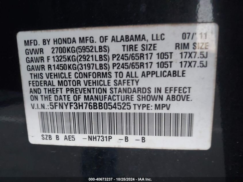 2011 Honda Pilot Exln VIN: 5FNYF3H76BB054525 Lot: 40673237