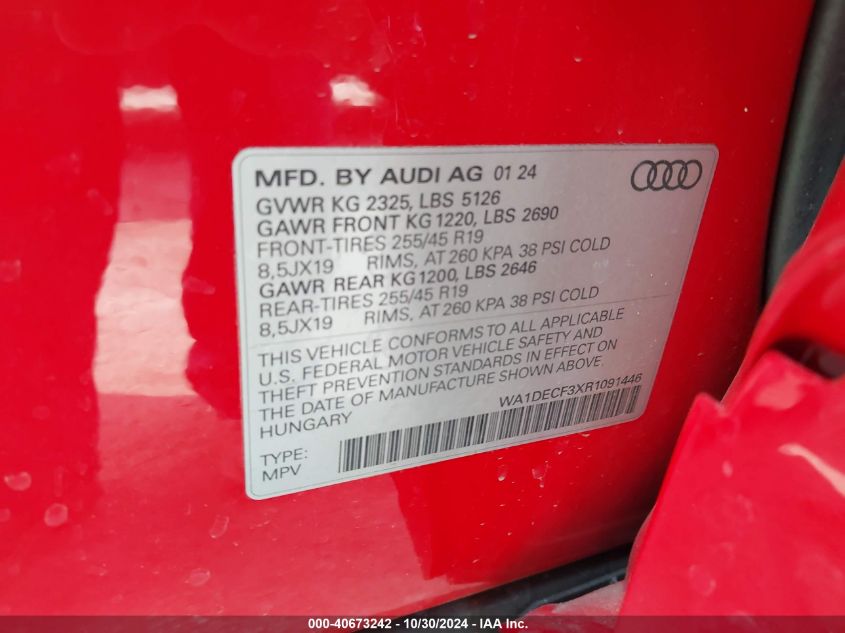 2024 Audi Q3 Premium 45 Tfsi S Line Quattro Tiptronic VIN: WA1DECF3XR1091446 Lot: 40673242