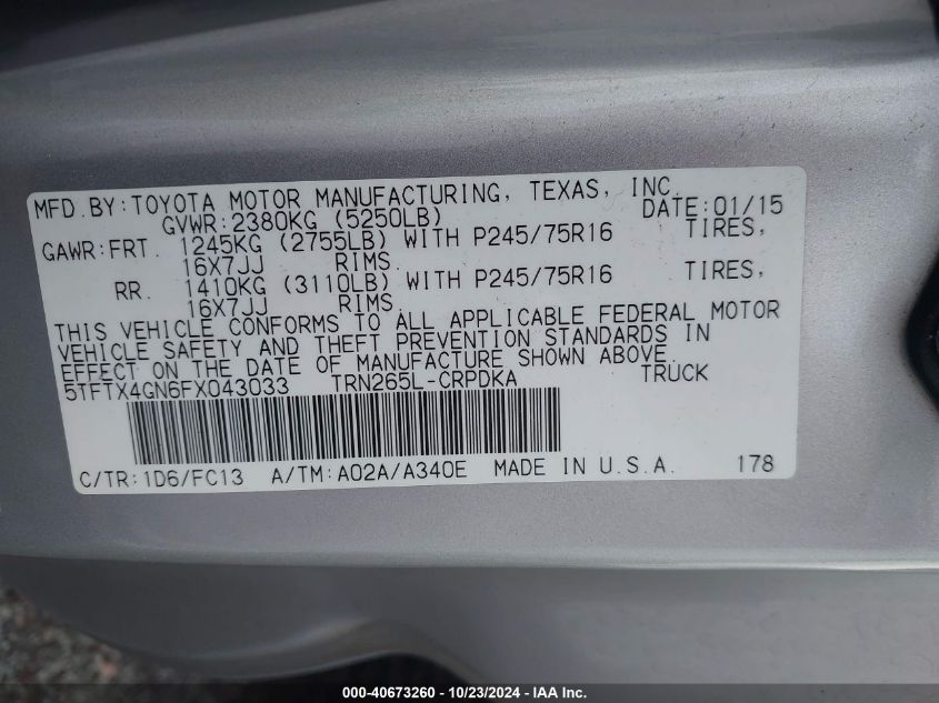 VIN 5TFTX4GN6FX043033 2015 TOYOTA TACOMA no.9