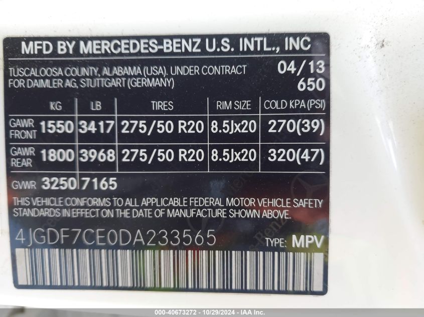 2013 Mercedes-Benz Gl 450 4Matic VIN: 4JGDF7CE0DA233565 Lot: 40673272