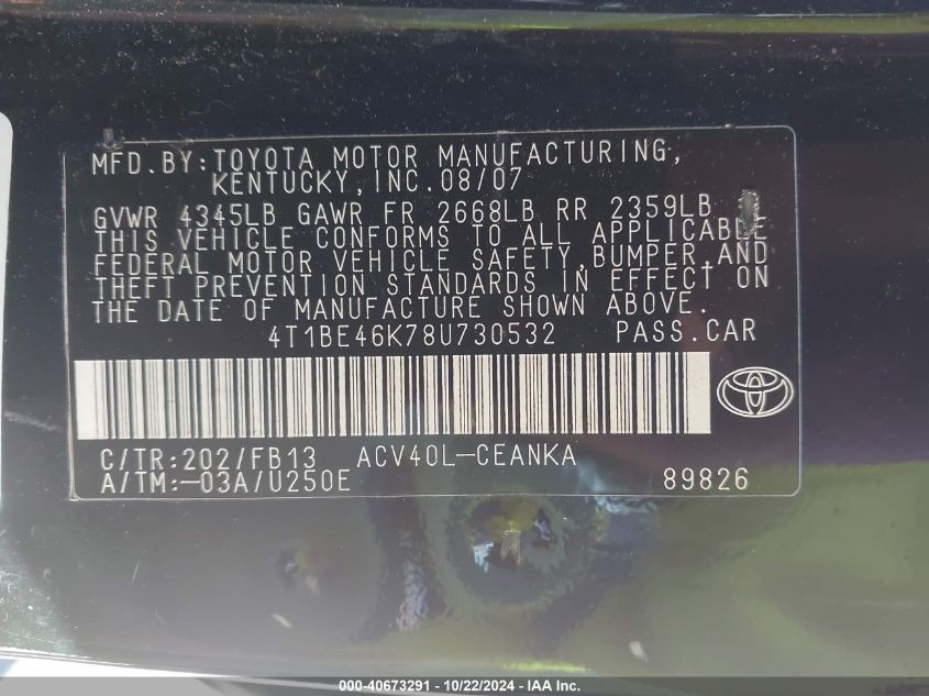 2008 Toyota Camry Le VIN: 4T1BE46K78U730532 Lot: 40673291