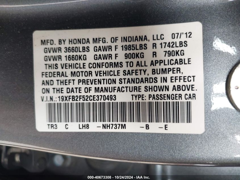 2012 Honda Civic Sdn Lx VIN: 19XFB2F52CE370493 Lot: 40673308