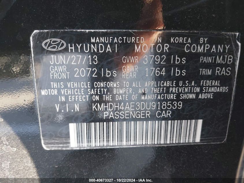 2013 Hyundai Elantra Gls VIN: KMHDH4AE3DU918539 Lot: 40673327