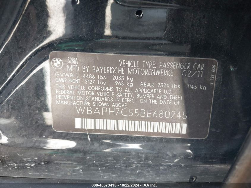2011 BMW 328I VIN: WBAPH7C55BE680245 Lot: 40673415