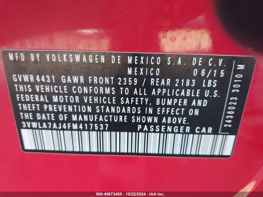 2015 Volkswagen Jetta 2.0L Tdi S VIN: 3VWLA7AJ4FM417537 Lot: 40673455