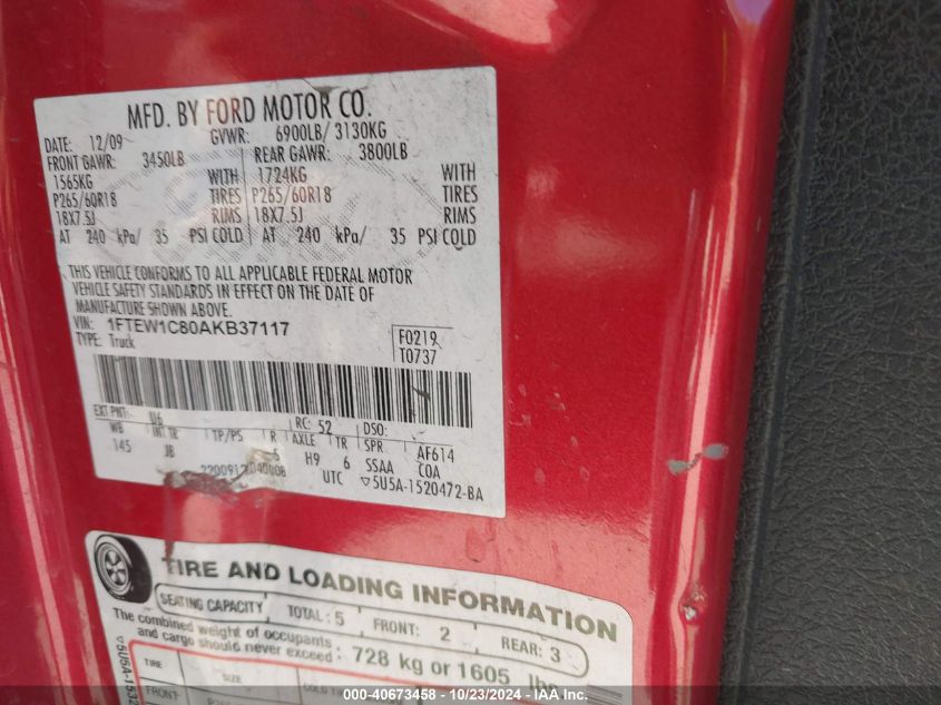 2010 Ford F-150 Fx2 Sport/Xl/Xlt VIN: 1FTEW1C80AKB37117 Lot: 40673458