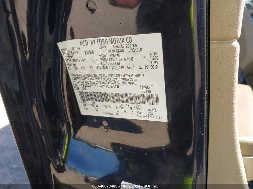 2011 Ford Escape Limited VIN: 1FMCU9E70BKA39475 Lot: 40673465