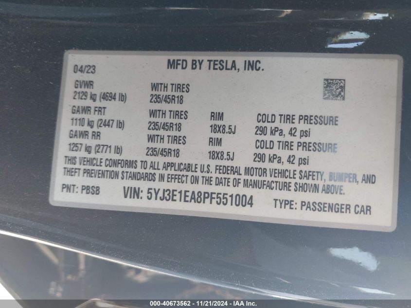 VIN 5YJ3E1EA8PF551004 2023 Tesla Model 3, Rear-Whee... no.9