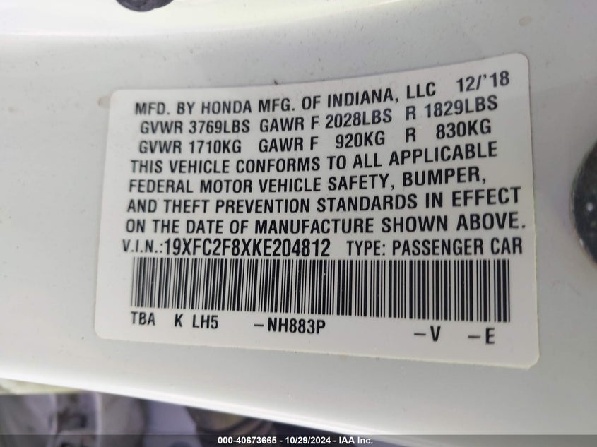 VIN 19XFC2F8XKE204812 2019 HONDA CIVIC SPORT