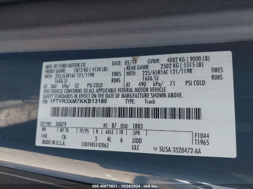 2019 Ford Transit-250 VIN: 1FTYR3XM7KKB13180 Lot: 40673821