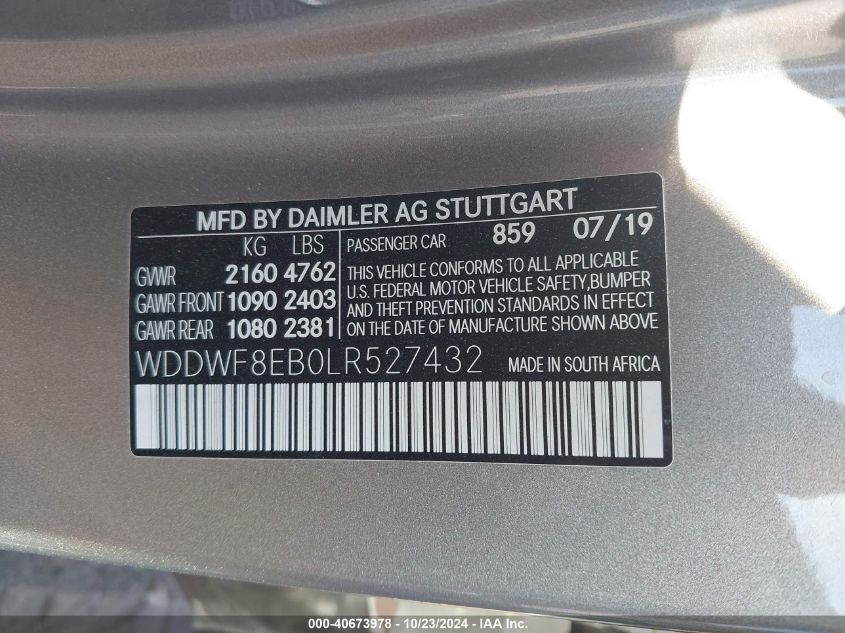 2020 Mercedes-Benz C 300 4Matic VIN: WDDWF8EB0LR527432 Lot: 40673978