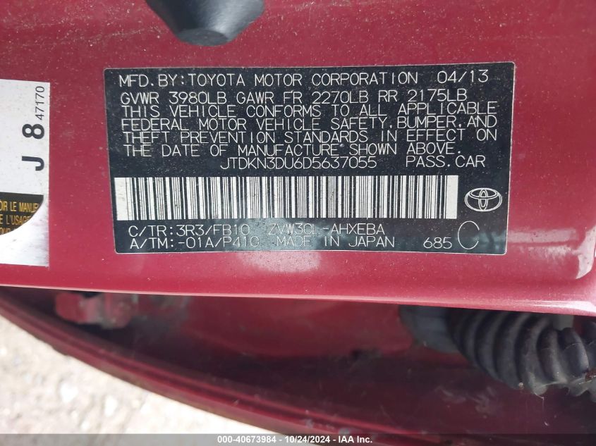 2013 Toyota Prius Two VIN: JTDKN3DU6D5637055 Lot: 40673984