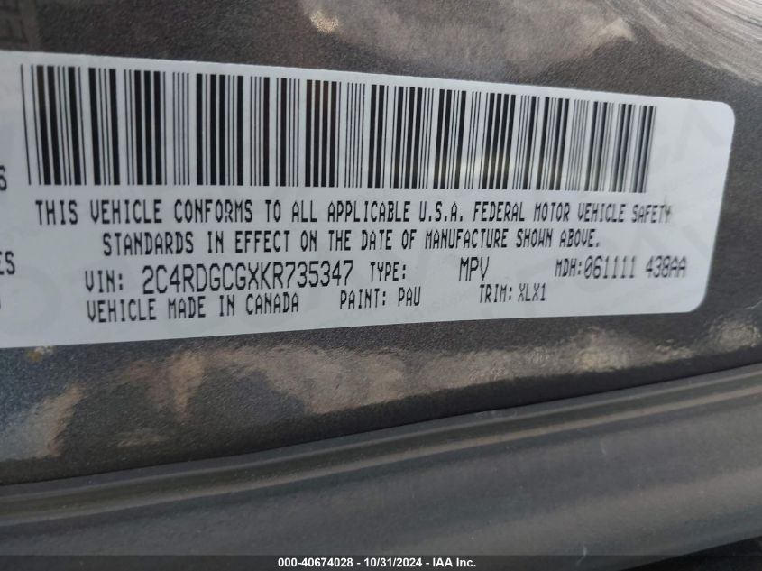 2019 DODGE GRAND CARAVAN SXT - 2C4RDGCGXKR735347