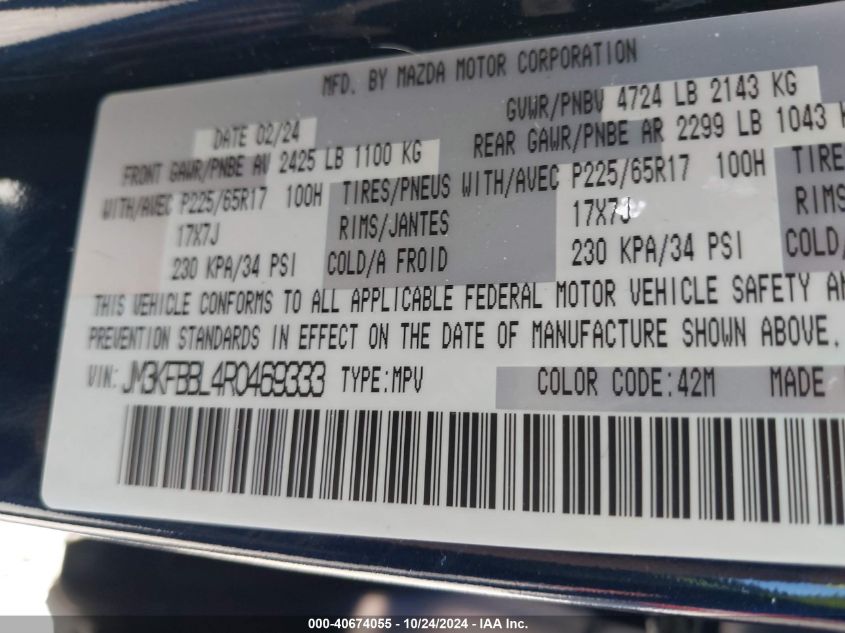 2024 Mazda Cx-5 2.5 S Select VIN: JM3KFBBL4R0469333 Lot: 40674055