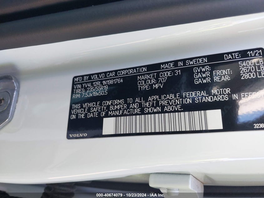 VIN YV4L12RL1N1981764 2022 VOLVO XC60 B5 INSCRIPTION