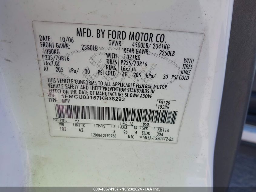 2007 Ford Escape Xlt/Xlt Sport VIN: 1FMCU03157KB38293 Lot: 40674157