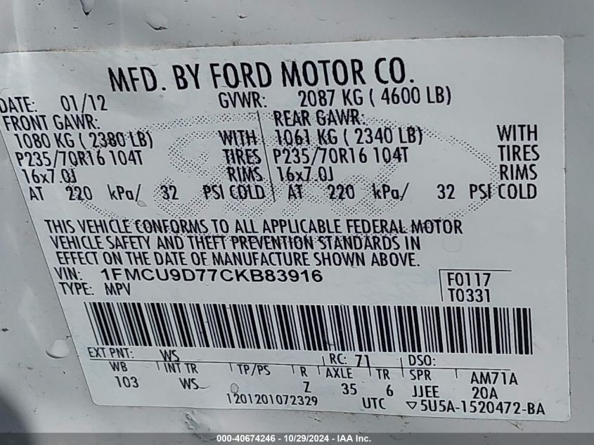 2012 Ford Escape Xlt VIN: 1FMCU9D77CKB83916 Lot: 40674246