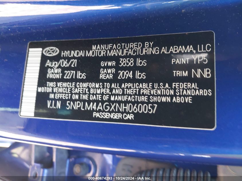 2022 Hyundai Elantra Sel VIN: 5NPLM4AGXNH060057 Lot: 40674293