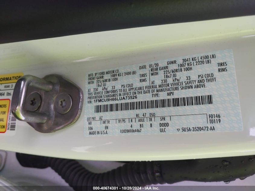 2020 FORD ESCAPE SEL - 1FMCU9H66LUA73526