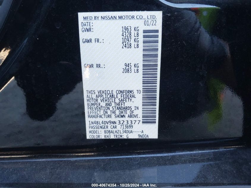 2022 NISSAN ALTIMA VIN: 1N4BL4DV9NN323377