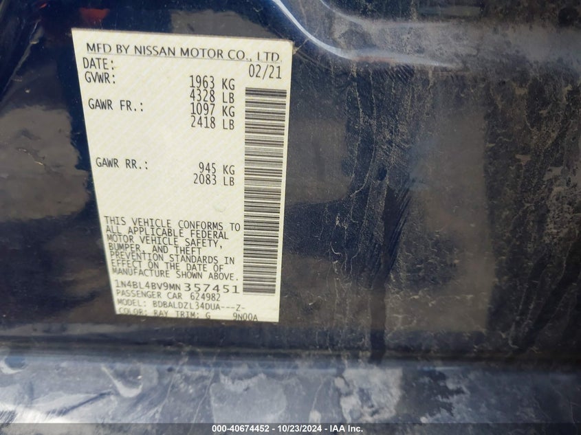 VIN 1N4BL4BV9MN357451 2021 NISSAN ALTIMA S FWD