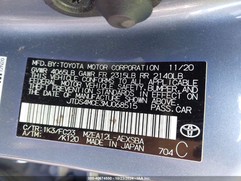 2021 Toyota Corolla Se VIN: JTDS4MCE3MJ068515 Lot: 40674550