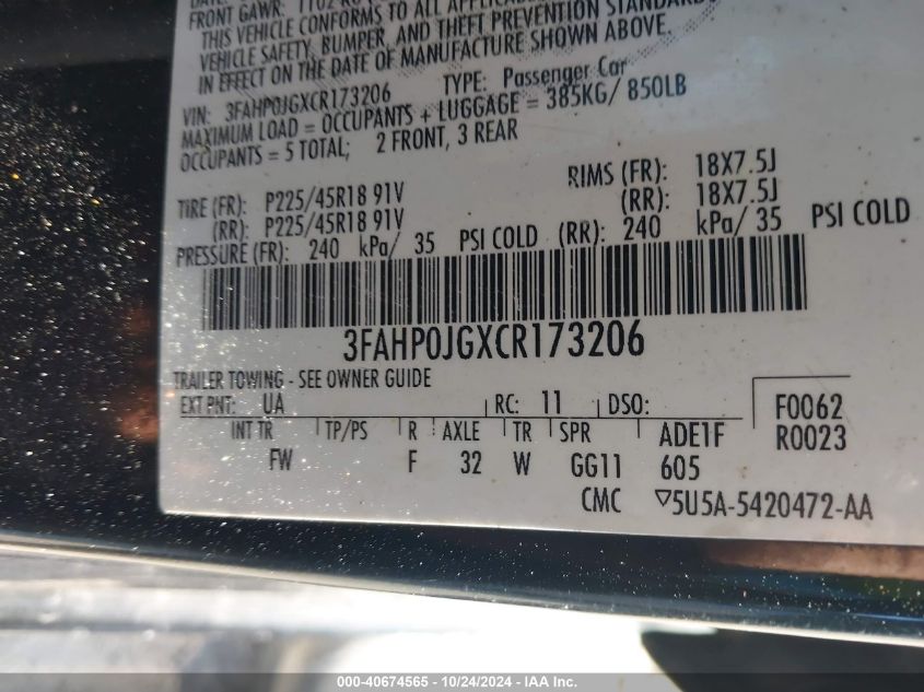 2012 Ford Fusion Sel VIN: 3FAHP0JGXCR173206 Lot: 40674565