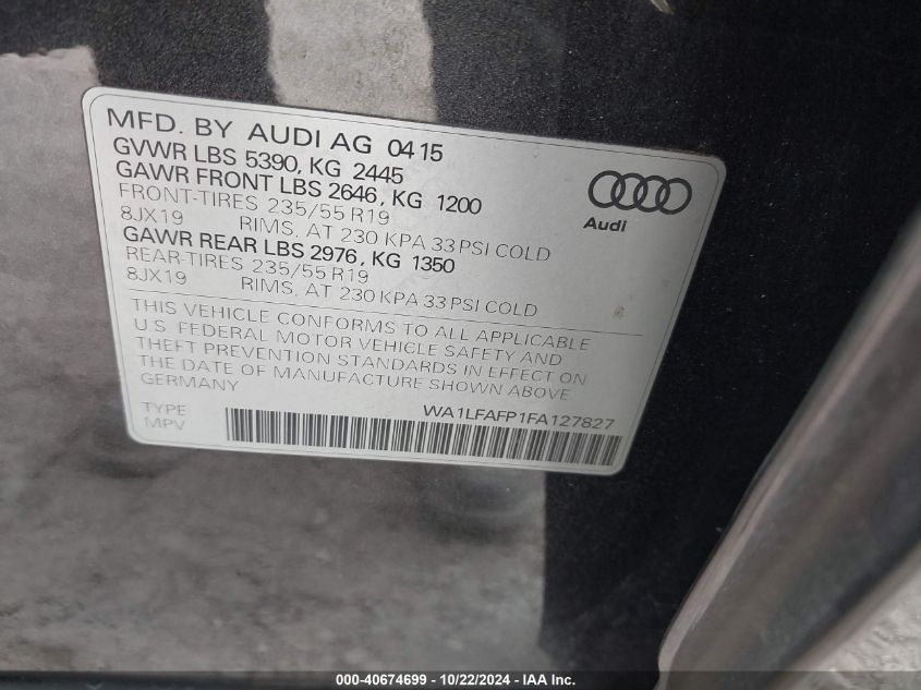 2015 Audi Q5 2.0T Premium VIN: WA1LFAFP1FA127827 Lot: 40674699