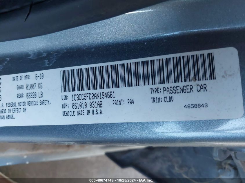 2010 Chrysler Sebring Limited VIN: 1C3CC5FD2AN194681 Lot: 40674749