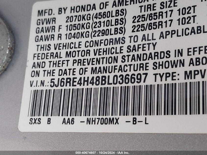 2011 Honda Cr-V Se VIN: 5J6RE4H48BL036697 Lot: 40674807