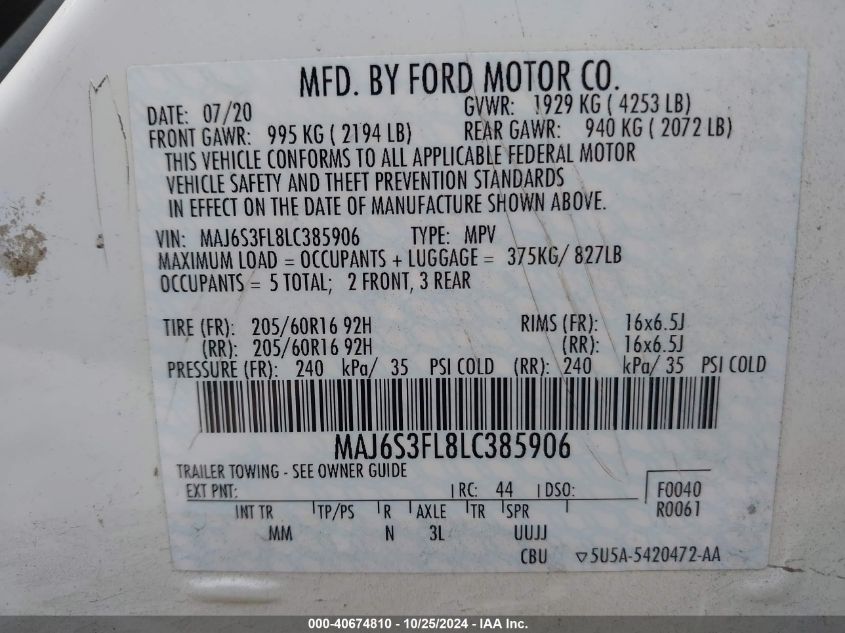 2020 Ford Ecosport S VIN: MAJ6S3FL8LC385906 Lot: 40674810