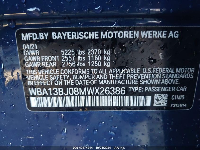 2021 BMW 530I xDrive VIN: WBA13BJ08MWX26386 Lot: 40674914