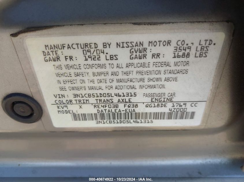 2005 Nissan Sentra 1.8S VIN: 3N1CB51D05L461315 Lot: 40674922